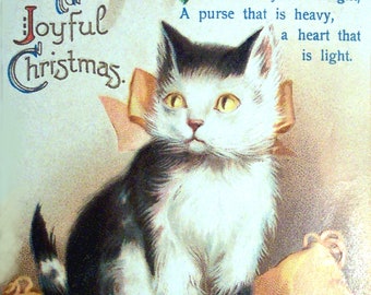 Victorian Edwardian Christmas Kitty  Vintage Handmade Holiday Thank You Merry Christmas