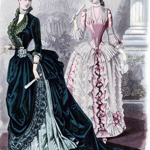 May include: Two women in elaborate 19th-century dresses. The woman on the left wears a dark green velvet dress with black lace trim and a white lace underskirt. The woman on the right wears a pink dress with white lace and a large bow at the waist.