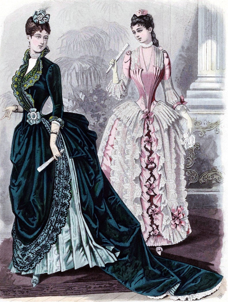 May include: Two women in elaborate 19th-century dresses. The woman on the left wears a dark green velvet dress with black lace trim and a white lace underskirt. The woman on the right wears a pink dress with white lace and a large bow at the waist.