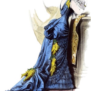 May include: A woman in a blue dress with a large bustle and a long train. The dress is decorated with yellow flowers. She is holding a fan and is standing next to a pillar.