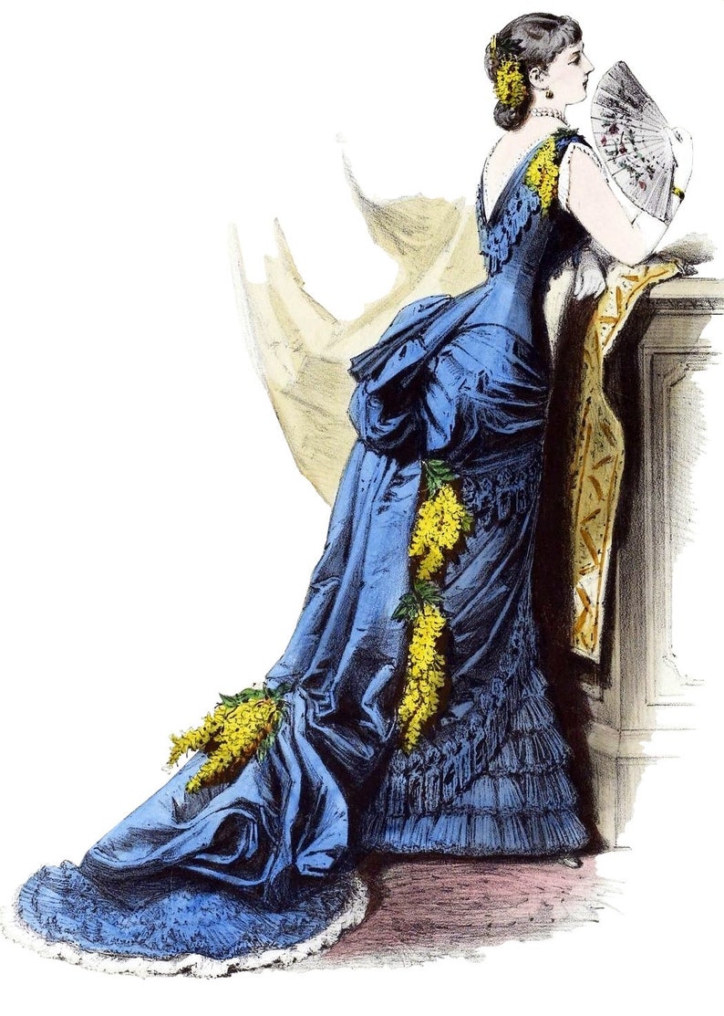 May include: A woman in a blue dress with a large bustle and a long train. The dress is decorated with yellow flowers. She is holding a fan and is standing next to a pillar.