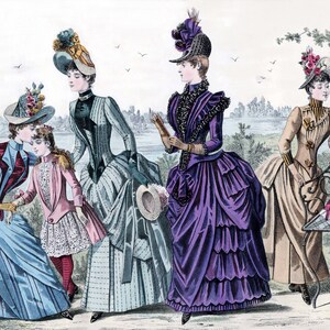 May include: Five women and two children wearing fashionable clothing from the 1800s. The women are wearing elaborate dresses with ruffles and bows. The children are wearing simple dresses with lace trim. The women are holding parasols and fans. The children are playing with a toy.