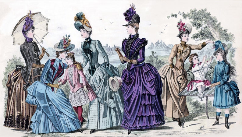 May include: Five women and two children wearing fashionable clothing from the 1800s. The women are wearing elaborate dresses with ruffles and bows. The children are wearing simple dresses with lace trim. The women are holding parasols and fans. The children are playing with a toy.