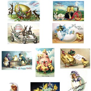 Pode incluir: Uma coleção de cartões de felicitações de Páscoa vintage. Os cartões apresentam ilustrações de ovos de Páscoa, coelhos, pintinhos e arranjos florais. Alguns cartões têm o texto "Easter Greetings" e "Best Easter Wishes".