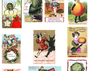 Odd Victorian Holiday Cards #12 Handmade Vintage Images Set of 10 Christmas Thank You Ho Ho Ho Happy Holidays