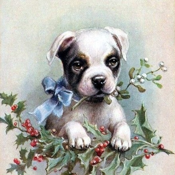 Victorian Edwardian Christmas Puppies  Vintage Handmade Holiday Thank You Merry Christmas