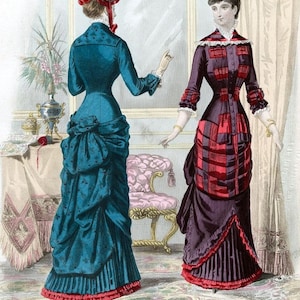 May include: Two women in fashionable dresses from the late 1800s. The woman on the left is wearing a teal dress with a red trim and a red and white hat. The woman on the right is wearing a burgundy dress with a red and white plaid pattern.