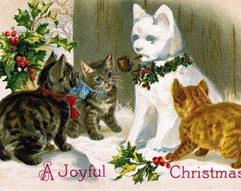 Victorian Edwardian Christmas Kitty  Vintage Handmade Holiday Thank You Merry Christmas