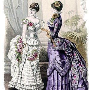 May include: Two women in elaborate dresses from the late 1800s. The woman on the left wears a white dress with a floral design and a long train. The woman on the right wears a purple dress with a floral pattern and a bustle.