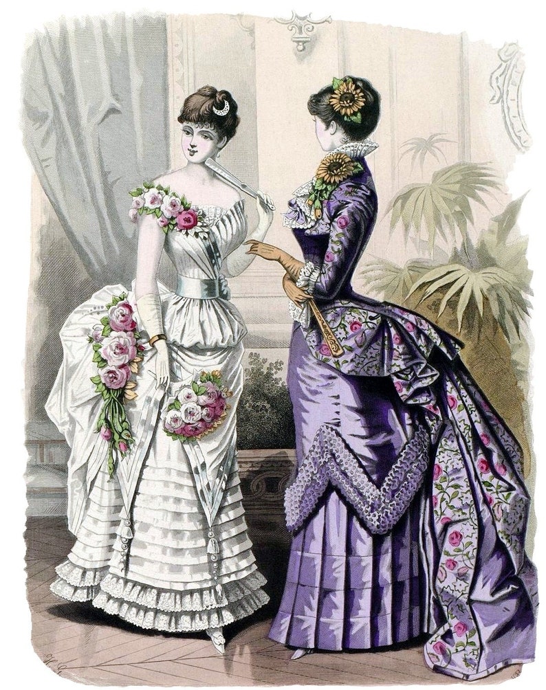 May include: Two women in elaborate dresses from the late 1800s. The woman on the left wears a white dress with a floral design and a long train. The woman on the right wears a purple dress with a floral pattern and a bustle.