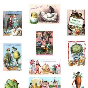May include: A collection of vintage Easter greeting cards. The cards feature illustrations of children, chicks, eggs, and anthropomorphic figures like a frog and a carrot. Text includes "Easter Greetings!" and "A Happy Easter!"