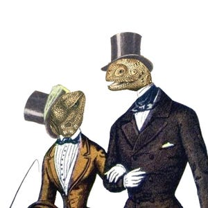 May include: An illustration depicts two figures with lizard heads wearing formal attire, including top hats and suits. One figure wears a brown suit, while the other is in a dark suit. The image has a vintage, whimsical aesthetic.