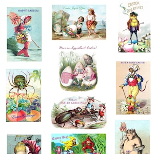 May include: A collection of vintage Easter greeting cards. The cards feature whimsical illustrations of anthropomorphic animals, children, and decorated eggs. Text includes "Happy Easter!", "Easter Greetings", and "Jolly Easter Greetings!"
