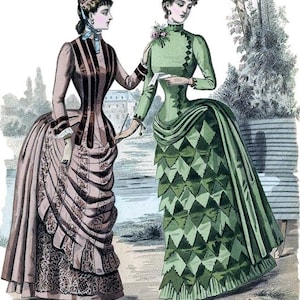 May include: Two women in 19th-century fashion stand in a park setting. The woman on the left wears a brown and black dress with a large bustle. The woman on the right wears a green dress with a diamond pattern. Both women wear hats and gloves.