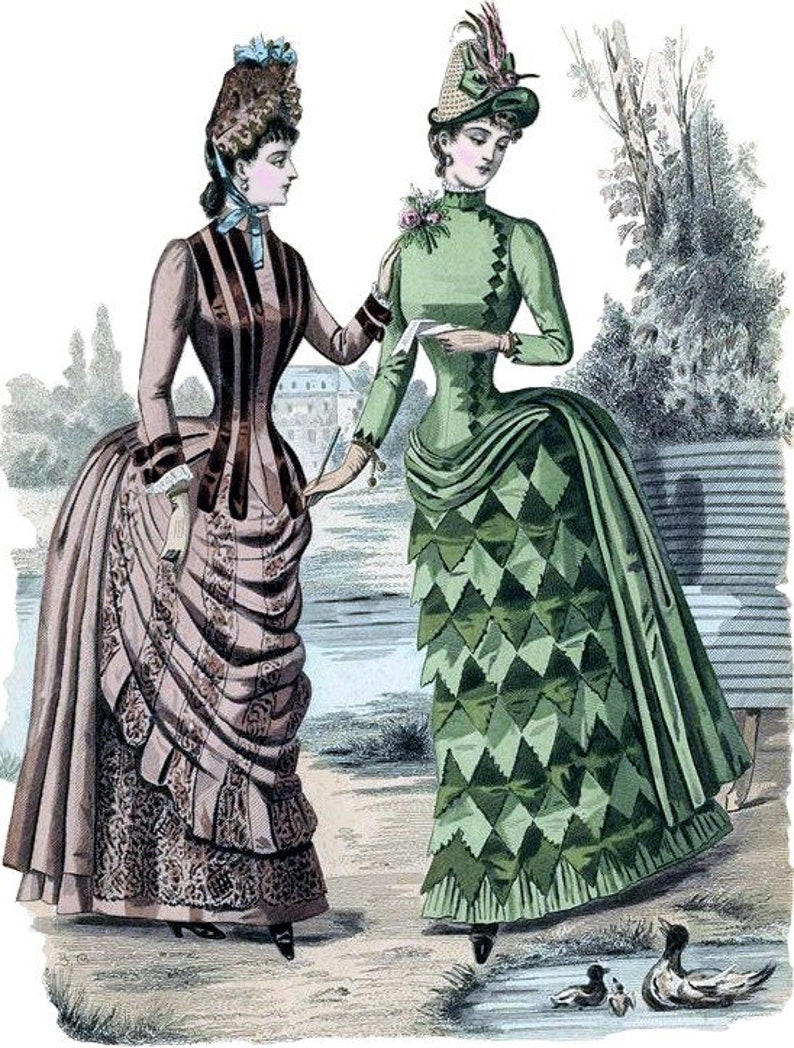 May include: Two women in 19th-century fashion stand in a park setting. The woman on the left wears a brown and black dress with a large bustle. The woman on the right wears a green dress with a diamond pattern. Both women wear hats and gloves.