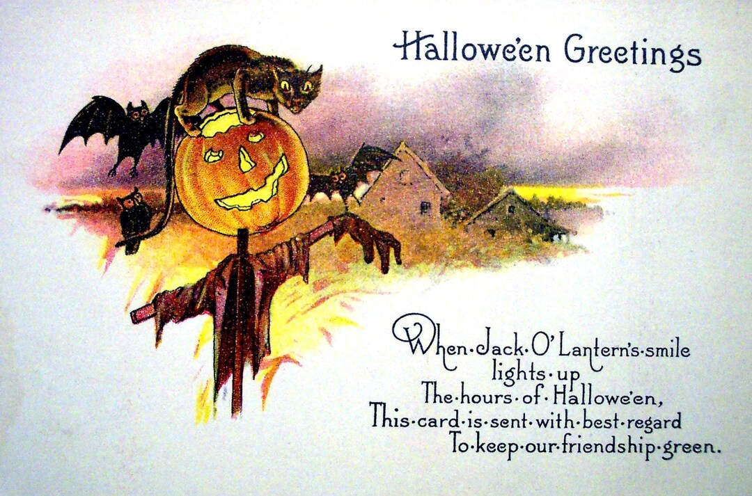 Halloween Greetings Vintage Image Note Card Trick or Treat Blank Thank ...