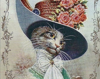 Victorian Edwardian Christmas Kitty In A Hat Vintage Handmade Holiday Birthday Thank You