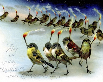 Marching Birds Greetings Vintage Christmas Seasons Greetings Holiday Yule Cards Thank You Birthday