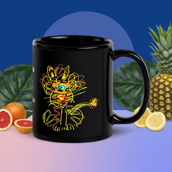 Taza Leo Doodle de 11 oz, The Doodle Club - Taza negra brillante, cerámica
