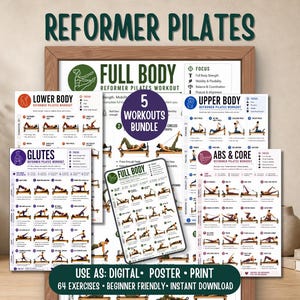 May include: A set of Reformer Pilates workout guides. The bundle includes posters for full body, lower body, upper body, glutes, and abs & core exercises. The posters are designed for digital, poster, and print use, with 64 exercises.