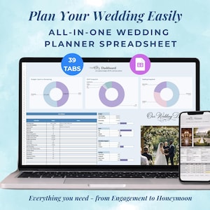 May include: A laptop and smartphone showing a wedding planner spreadsheet. The laptop screen displays charts and data, with the text "Plan Your Wedding Easily." The smartphone displays a wedding venue. The image includes the text "39 Tabs."