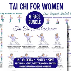May include: A digital print titled "Tai Chi for Women" featuring illustrated exercises. The poster includes walking and seated exercises, with instructions and diagrams. The bundle includes 48 exercises, daily/weekly planners, and trackers. It is beginner-friendly and available for instant download.