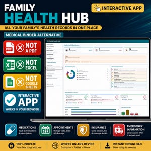 May include: A digital Family Health Hub dashboard displayed on a laptop screen. The interface features sections for family members, upcoming appointments, and active medications. Text includes Not a PDF, Not Excel, Not Google Sheets, and Interactive App.