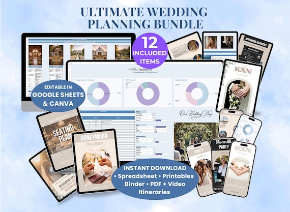 Wedding Planner Spreadsheet + Canva Templates Ultimate Bundle - Wedding Budget Guest List Seating Plan Timeline Editable Itineraries Binder
