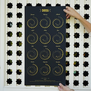 2025 Large MOON CALENDAR in GOLD on Black - Silkscreen Print