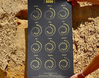 2026 Large MOON CALENDAR in GOLD on Black - Silkscreen Print