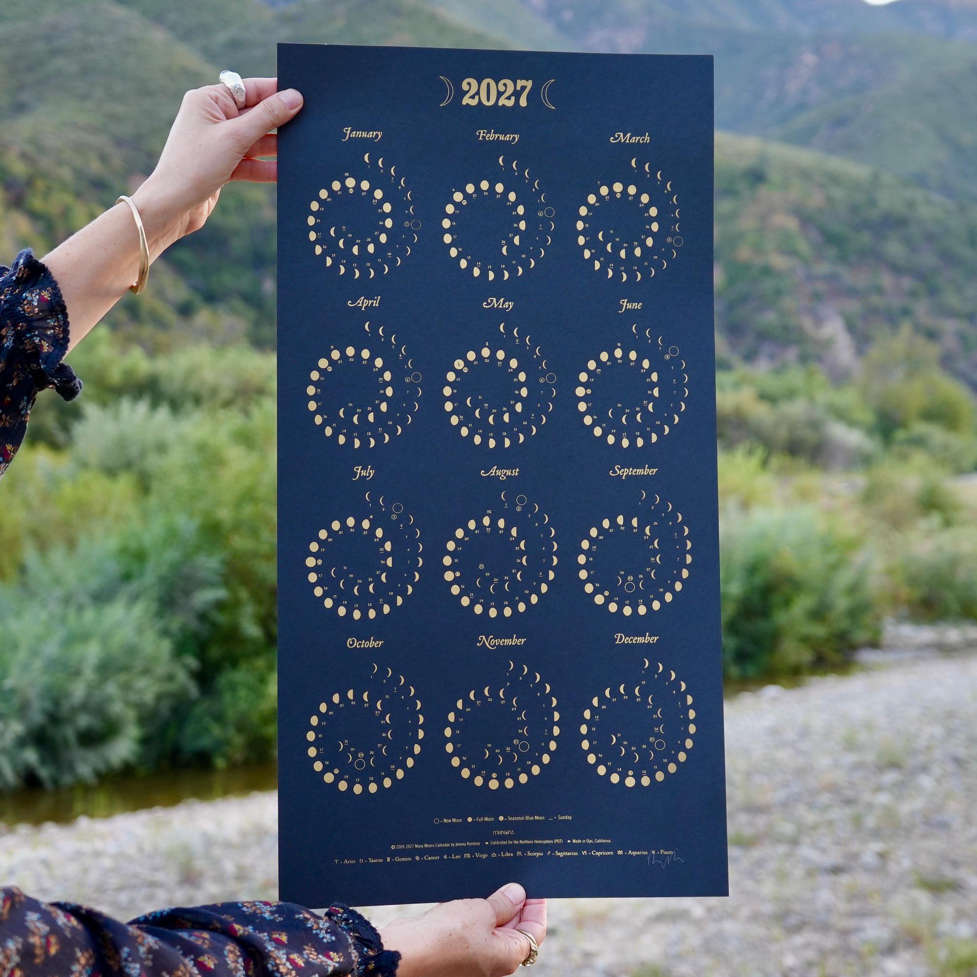 2027 Large MOON CALENDAR in GOLD on Black - Silkscreen Print