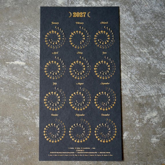 2027年小型ムーンカレンダー - ゴールド箔押し（黒地）版 - Etsy 日本