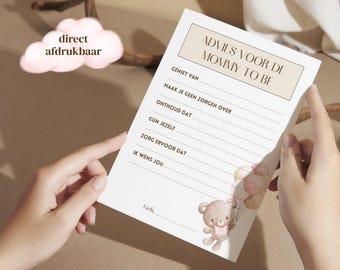 Tarjeta de consejos para baby shower de futura mamá | Tema rosa y beige con ilustración de osito de peluche | Neerlandés | Imprimible al instante