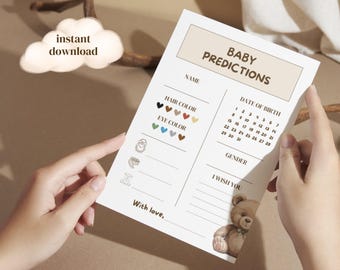 Tarjeta de predicción para baby shower con temática de osito de peluche en color beige/marrón | Descarga instantánea | Actividad para baby shower en inglés