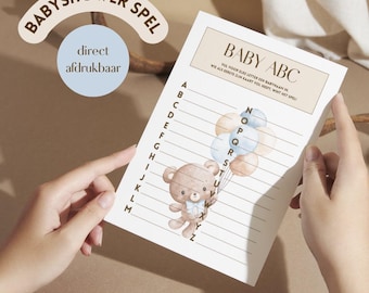 Juego para baby shower: Oso de peluche beige/azul | Juego de nombres para baby shower | Alfabeto de nombres para baby shower | ABC para baby shower | Holandés