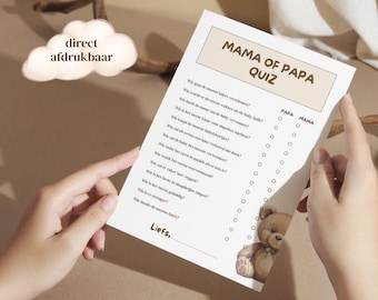 Cuestionario para baby shower "¿Mamá o Papá?" - Baby shower para niños y niñas | Tema: osito de peluche / beige / neutro | Imprimible | Holandés