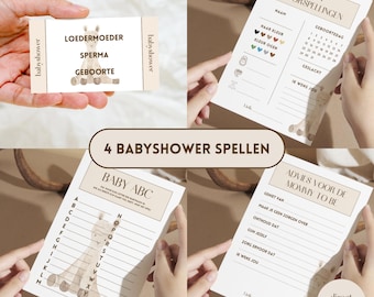 Juego de baby shower para niños y niñas - beige/alpaca | Juego de nombres de 30 segundos (A-Z), tarjeta de predicción y tarjeta de consejos - Holandés