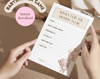 Tarjeta de consejos para baby shower para futuras mamás | Juegos para baby shower de niñas | Rosa y beige con osito de peluche | Inglés | Descarga/impresión instantánea