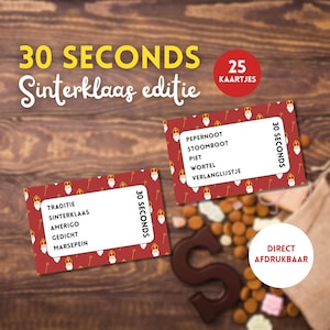 Op de afbeelding: Een feestelijke spelset met twee rode kaarten met witte tekst en illustraties, samen met een chocoladeletter en een zakje lekkernijen. De kaarten lezen "30 SECONDS" en "Sinterklaas editie."