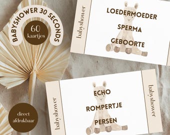 Juego de 30 segundos para baby shower para niño y niña • Tema: alpaca, beige, arena, neutro • 60 tarjetas • Holandés (NL) • Imprimible al instante