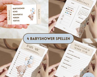 Juego de baby shower para niños - beige/azul/oso de peluche | Juego de nombres de 30 segundos (A-Z), tarjeta de predicción y tarjeta de consejos - Holandés