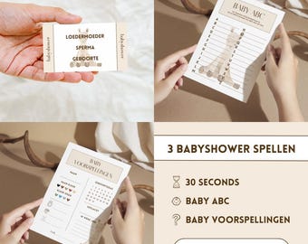 Juego para baby shower - beige/neutro/alpaca | Baby shower 30 segundos, juego de predicciones y abecedario del nombre del bebé | Holandés