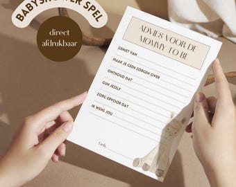Tarjeta de consejos para baby shower de futura mamá | Temática beige/neutra con ilustración de alpaca | Neerlandés | Imprimible al instante