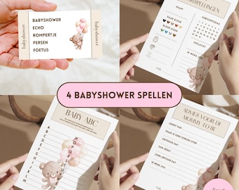 Juego de baby shower para niñas - beige/rosa/oso de peluche | Juego de nombres de 30 segundos (A-Z), tarjeta de predicción y tarjeta de consejos - Holandés