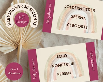 Juego de 30 segundos para baby shower de niñas • Tema: burdeos, beige, arcoíris • ¡60 tarjetas! • Holandés (NL) • Imprimible al instante