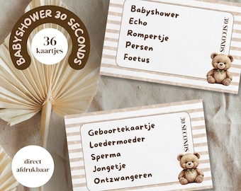 Juego de 30 segundos para baby shower para niñas y niños • Tema: Osito beige • ¡36 tarjetas! • Holandés (NL) • Imprimible al instante