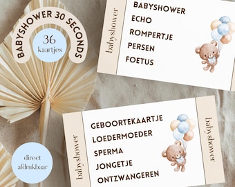 Juego de 30 segundos para baby shower de niño • Tema: Osito de peluche, beige, azul • ¡36 tarjetas! • Holandés (NL) • Imprimible al instante
