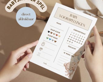 Juego de baby shower para niños beige/azul con osito de peluche | Tarjeta de predicción para bebés | Holandés - Holandés | Descarga instantánea