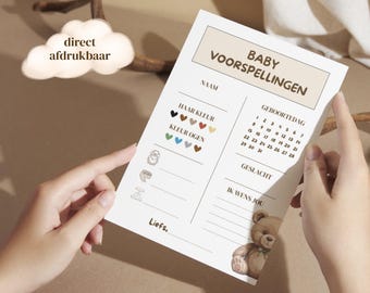 Tarjeta con predicciones para baby shower para niño y niña | Tema: osito de peluche / beige / neutro | Imprimible al instante | Neerlandés