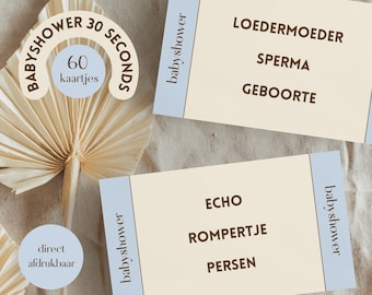 Juego de 30 segundos para baby shower de niño • Tema: Azul y beige • ¡60 tarjetas! • Holandés (NL) • Imprimible al instante